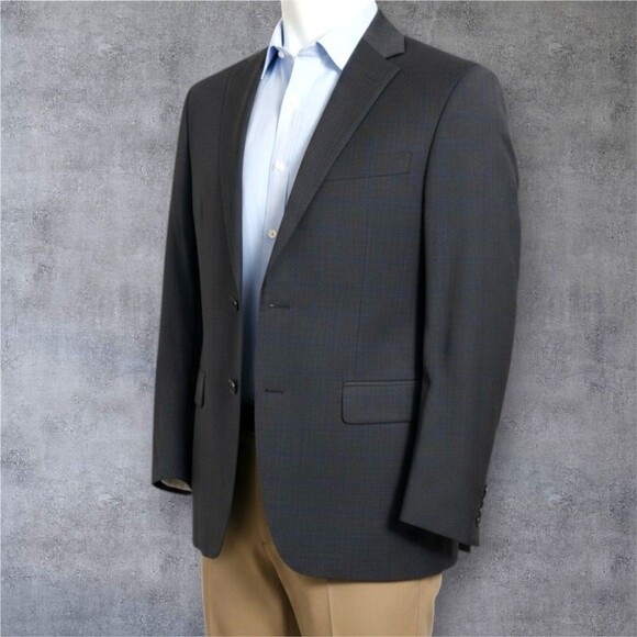 CALVIN KLEIN Men Blazer 46L Gray/Blue Wool Sport Coat 2-Button Jacket Windowpane - Picture 3 of 15
